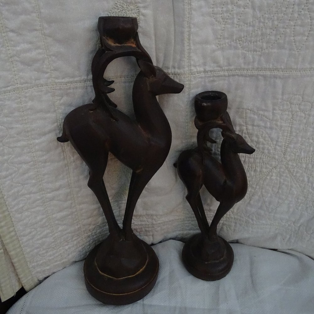 Christmas Giftcraft Inc Wooden Reindeer Candle Holders Statue Dark Solid Wood